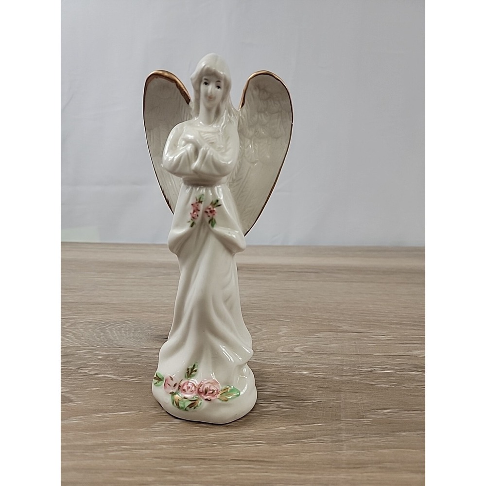 VINTAGE Beautiful tall Willowy Angel Figurine 24K Gold Trim w/pink roses